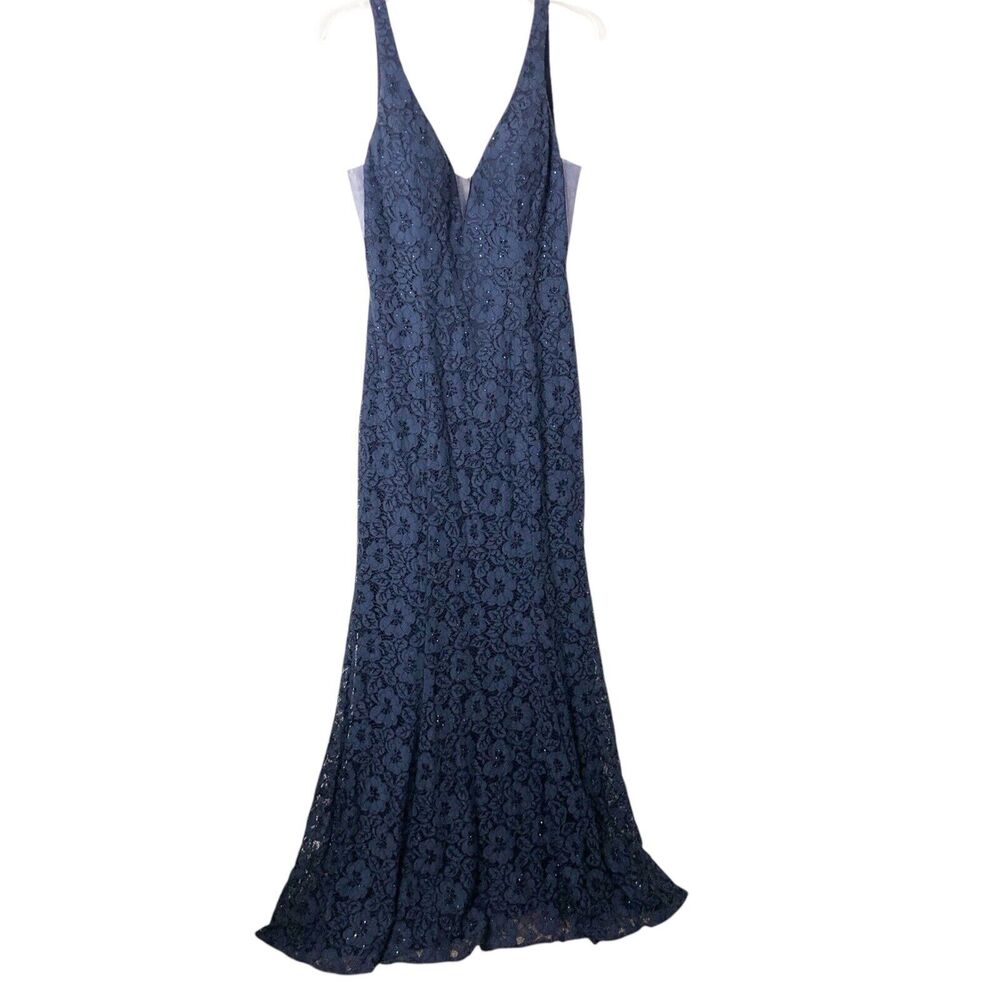 Abby Paris NWT Navy Stretch Lace Sparkle Lucci Sleeveless Formal Prom Gown 14 - Picture 1 of 16